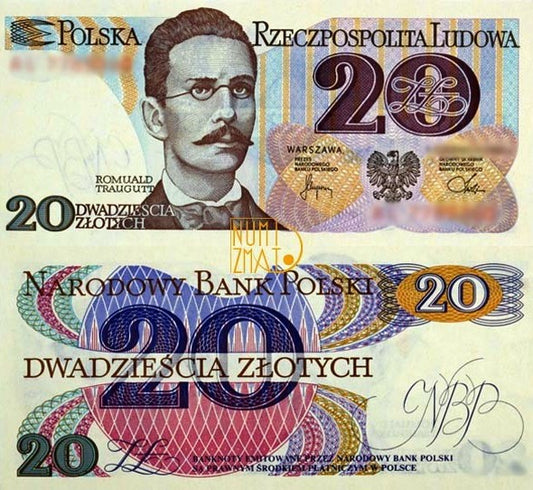 Banknot 20 zł 1982 SERIA AM, TRAUGUTT dwadzieścia złotych UNC